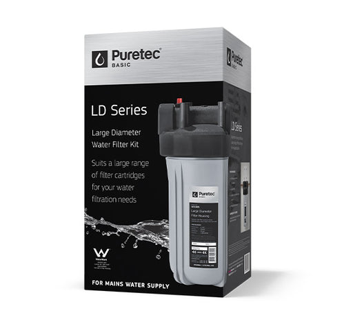 Puretec LD Series | Large Diameter Filter Housing Product Name: Filter Housing Kit (Silver) 10" 1" Connection (80Lpm) (Includes Bracket + Housing Wrench)