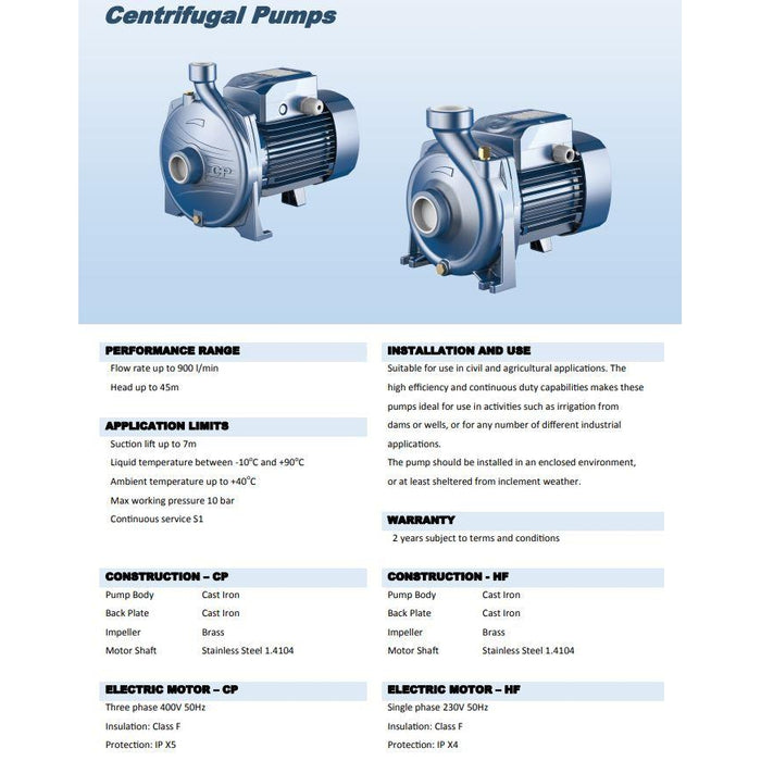 Pedrollo Closed Coupled High Flow Centrifugal Pumps Pump Model: CPM158 - 0.75kW - Single Phase, HFM70B - 1.5kW - Single Phase, CP220C - 2.20kW - Three Phase, CP230B - 4.00kW - Three Phase