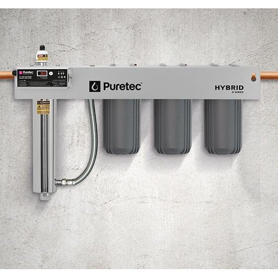 Puretec Hybrid R10 | Whole House UV Water Treatment System Product Name: Puretec Hybrid R10 UV System Complete, Replacement Pleated Sediment Cartridge (Washable), Replacement Carbon Cartridge 10 Micron, Replacement Polyspun Sediment Cartridge 1 Micron, Hybrid UV Replacement Lamp