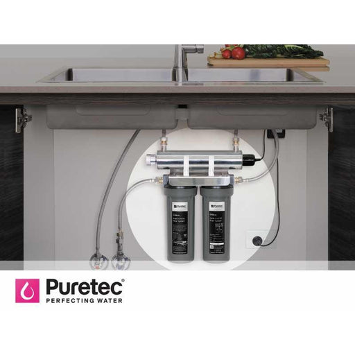 Puretec Hybrid M1 Mini Series | Undersink Filter System Product Name: Hybrid M1 - Twin Undersink UV Water Treatment 10" 1/2" Connection (Max Flow 8 Lpm), Replacement Pleated Sediment Cartridge - Washable (5 Micron), Replacement Silver Impregnated Moulded Carbon Cartridge (1 Micron)