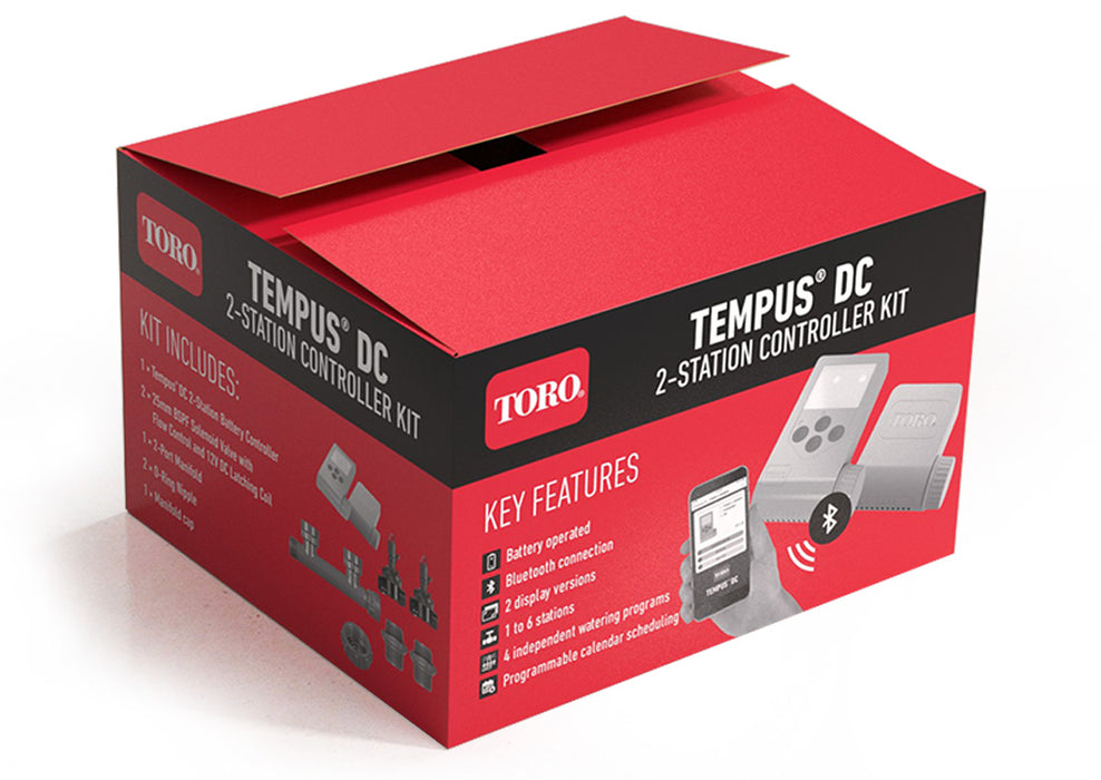 Toro Tempus DC Battery Operated Bluetooth Controller Kit with Valves Product Name: Tempus DC 1 Station with DC Coil and 25mm Valve EZP-23-94, Tempus DC 2-Station with Solenoid Valves & Manifold, Tempus DC 4-Station with Solenoid Valves & Manifold