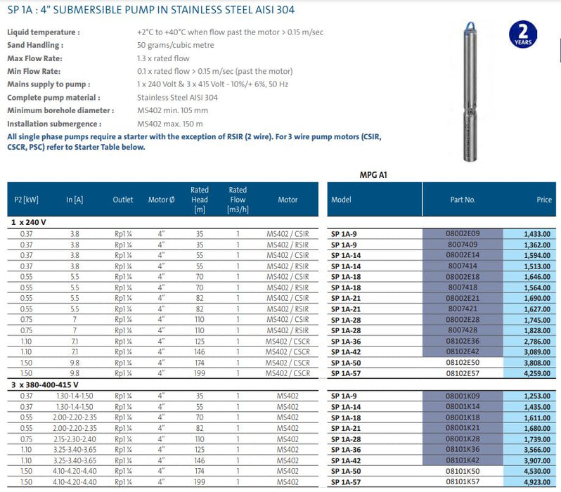 Grundfos 4" SP 1A ‐ Single Phase 240v Submersible Bore Pump Product Name: Grundfos SPA2 Wire SP 1A-9 - 0.37 Kw, Grundfos SPA2 Wire SP 1A-14 - 0.37 Kw, Grundfos SPA2 Wire SP 1A-18 - 0.55 Kw, Grundfos SPA2 Wire SP 1A-21 - 0.55 Kw, Grundfos SPA2 Wire SP 1A-28 - 0.75 Kw, Grundfos SPA3 Wire SP 1A-9 - 0.37 Kw, Grundfos SPA3 Wire SP 1A-14 - 0.37 Kw, Grundfos SPA3 Wire SP 1A-18 - 0.55 Kw, Grundfos SPA3 Wire SP 1A-21 - 0.55 Kw, Grundfos SPA3 Wire SP 1A-28 - 0.75 Kw, Grundfos SPA3 Wire SP 1A-36 - 1.1 Kw, Grundfos SPA