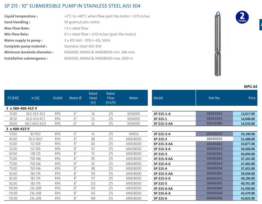 Grundfos SP 215 6-12" ‐ Three Phase 415v Submersible Bore Pump Product Name: SP 215-1-A - 15 kW - 6" Motor Diameter, SP 215-1 - 18.5 kW - 6" Motor Diameter, SP 215-2-AA - 30 kW - 6" Motor Diameter, SP 215-2-A - 37 kW - 6" Motor Diameter, SP 215-2 - 45 kW - 8" Motor Diameter, SP 215-3-AA - 55 kW - 8" Motor Diameter, SP 215-3-A - 55 kW - 8" Motor Diameter, SP 215-3 - 63 kW - 8" Motor Diameter, SP 215-4-AA - 75 kW - 8" Motor Diameter, SP 215-4-A - 75 kW - 8" Motor Diameter, SP 215-4 - 75 kW - 8" Motor Diameter