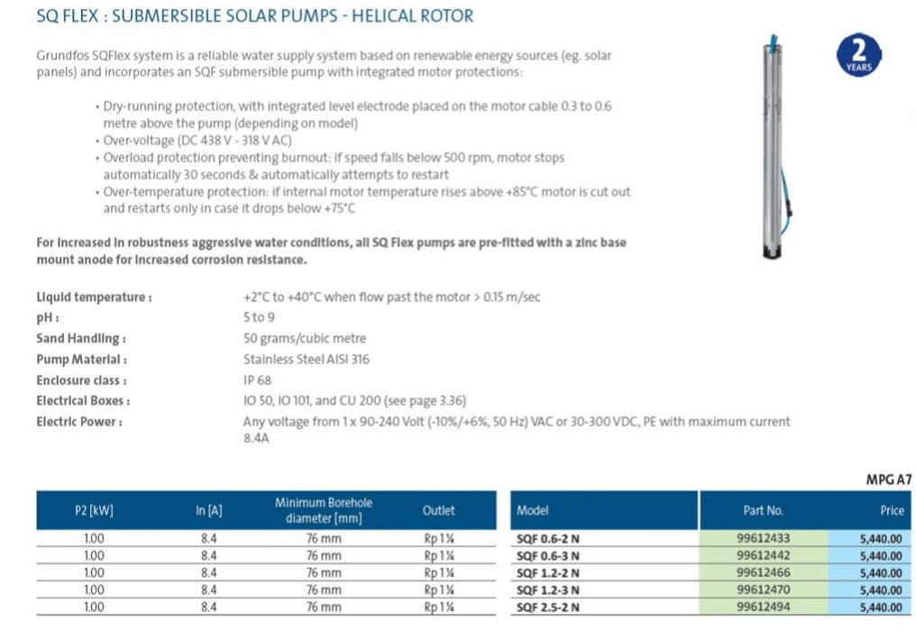Grundfos SQFLEX 3" Solar Submersible Pumps - Helical Rotor