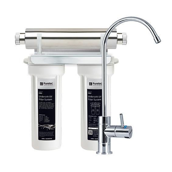 Puretec Ecotrol ESR2 Series | Undersink UV Water Filter System Product Name: ESR2 Twin Undersink UV Water Filter System 8Lpm, Pleated Sediment Cartridge (Washable) 5 Micron, Silver Impregnated Moulded Carbon Cartridge 1 Micron, R500 UV Replacement Lamp