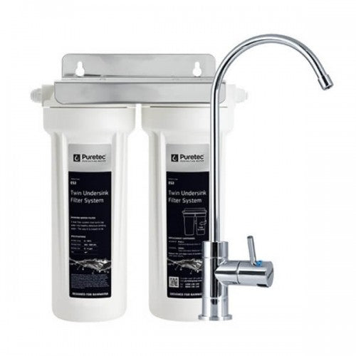 Puretec Ecotrol ES2 Series | Undersink Water Filter System Product Name: ES2 Twin Undersink Water Filter System (4Lpm) Complete, PL011 Pleated Sediment Cartridge (Washable) 1 Micron, CE941 Silver Impregnated Ceramic Catridge 0.2 Micron